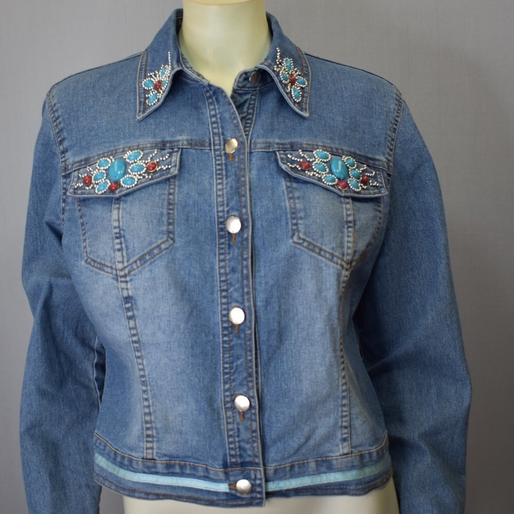V CRISTINA TURQUIOSE BEADS DENIM JACKET SZ SM